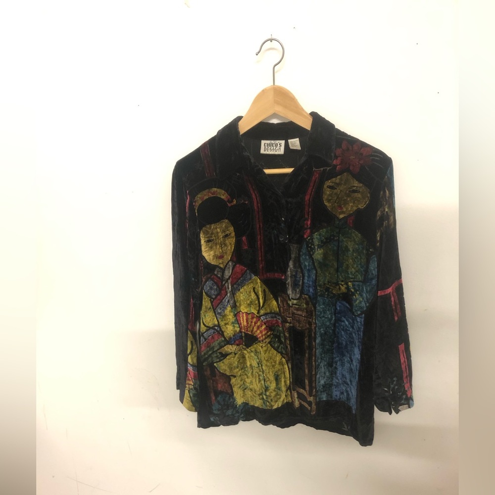 Rayon/silk blouse, chicos design, feels like velvet, with transparent lining